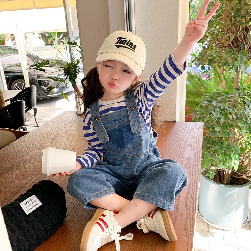 條紋小熊上衣/愛心口袋吊帶褲