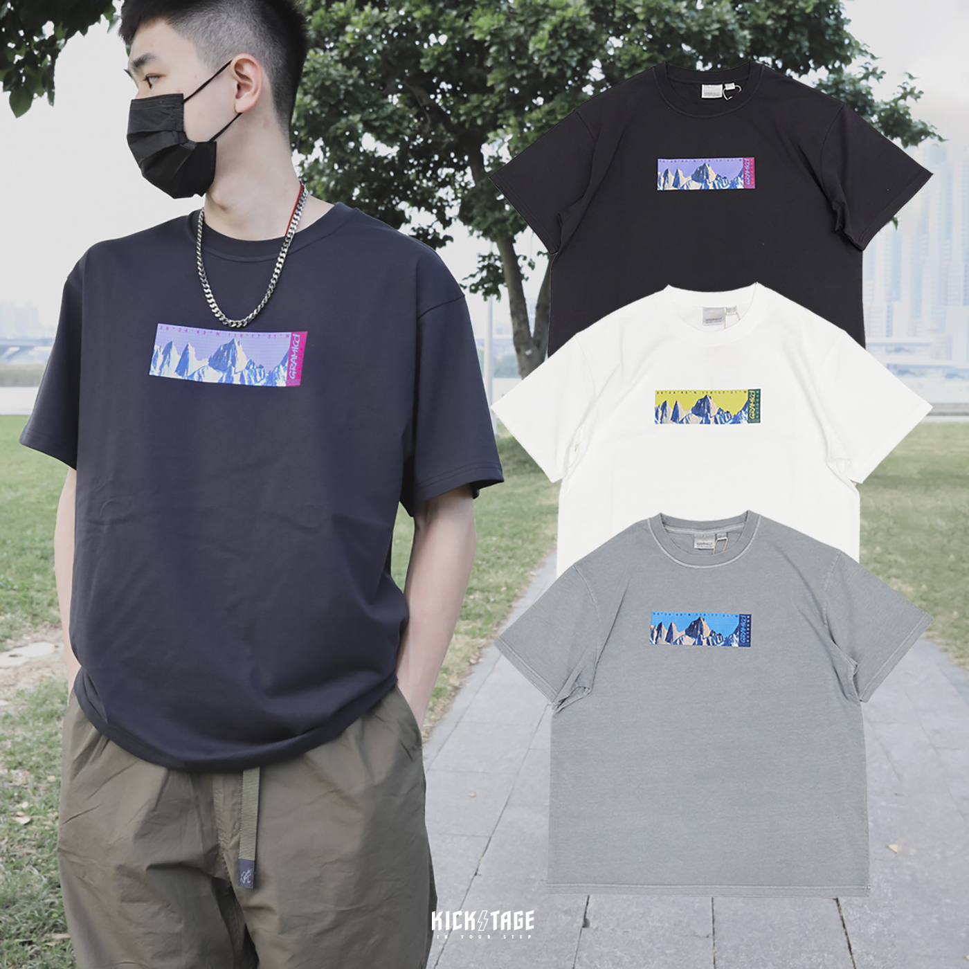 [5折售出無退換] 日本品牌 男女款 GRAMICCI MOUNT WHITNEY TEE 黑色 白色 水洗藍 跑步人 山脈座標 印花 短T【G3SU-T046】