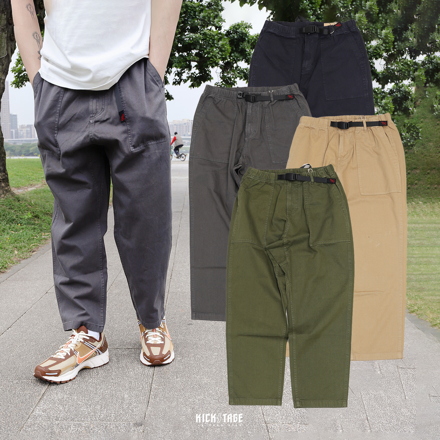 **特價商品售出不退換**男女款 GRAMICCI LOOSE TAPERED PANTS 卡其色 炭灰色 深藍色 軍綠色 大口袋 鬆緊 腰帶 九分 寬版錐形褲 長褲【G103-OGT】