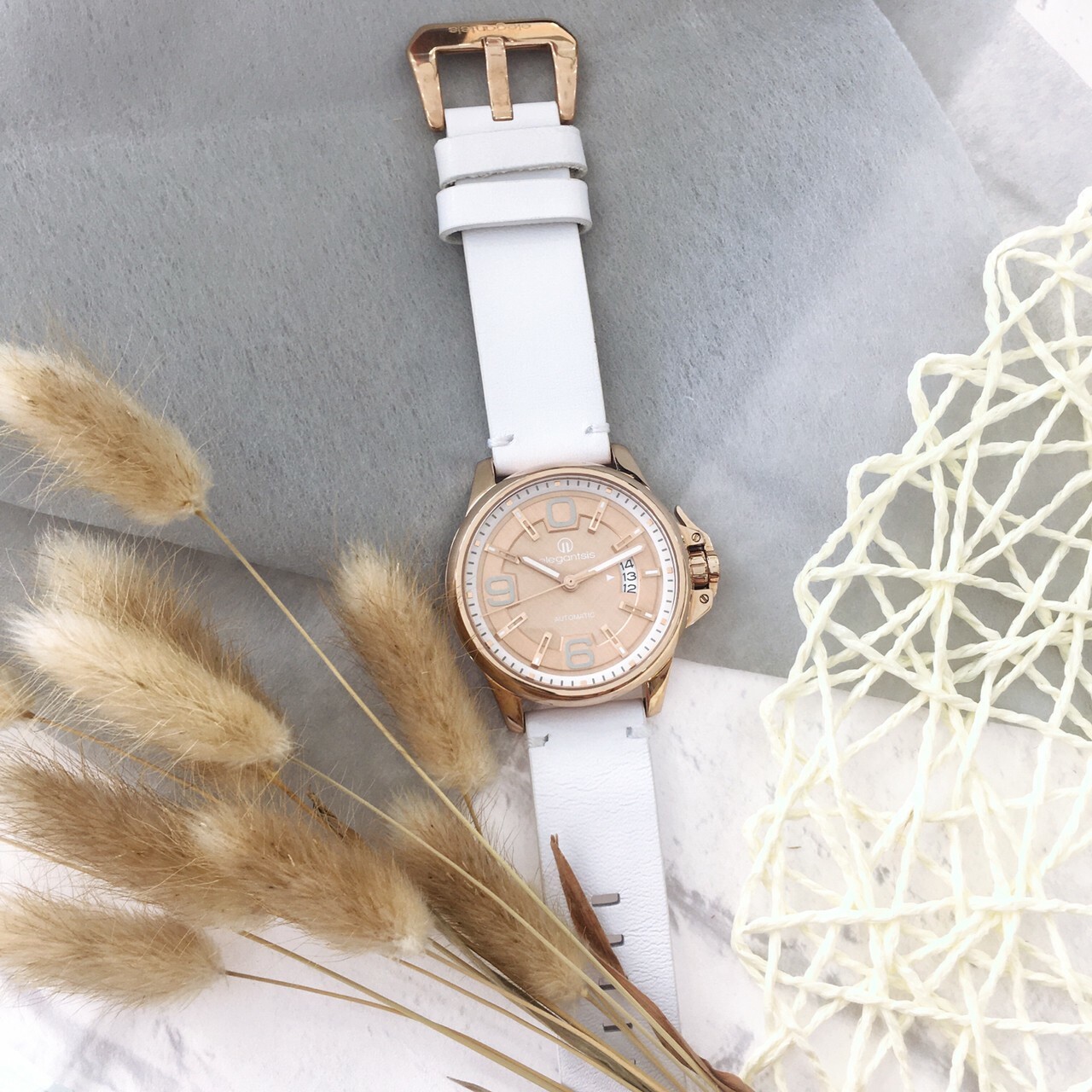 【elegantsis】JT55A 復古潮流機械腕錶-玫塊金x白 ELJT55A-NR04LC 44mm 現代鐘錶