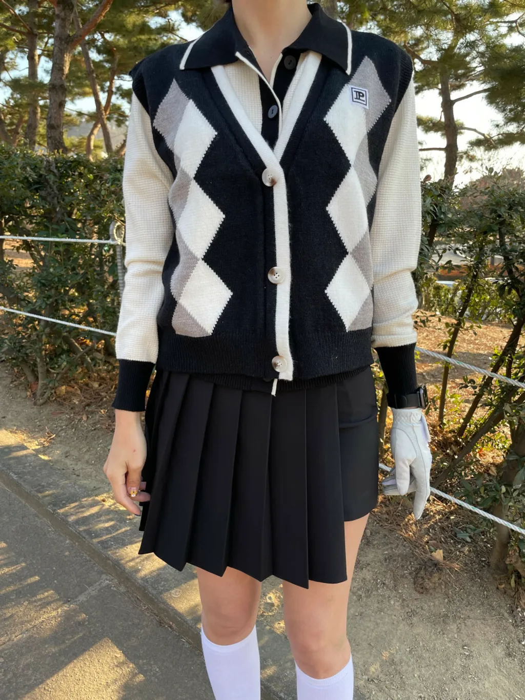 女【預購】過季折扣/正韓高球衣/韓版球衣 秋冬款菱格紋圖案針織高爾夫背心 針織背心