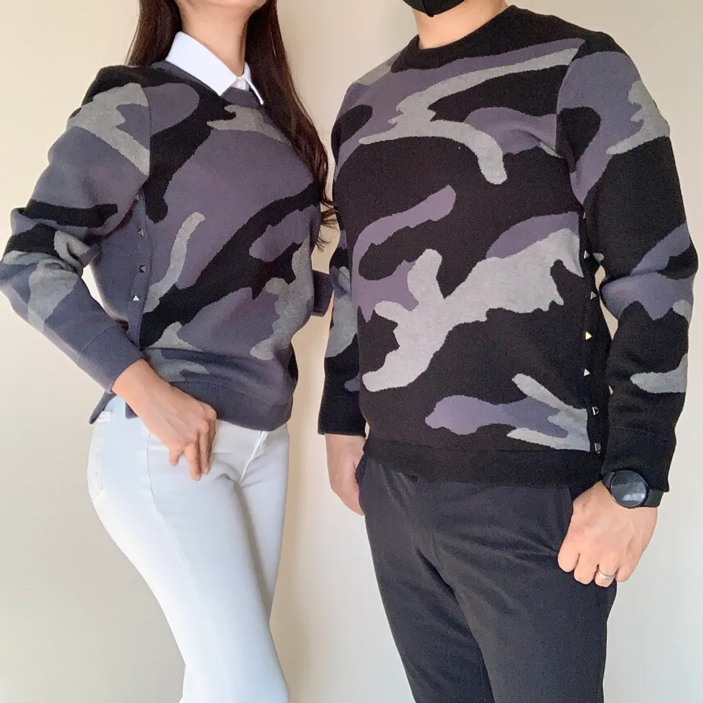 情侶裝 韓版高爾夫服針織迷彩情侶服 圓領迷彩長衫 新款出爐