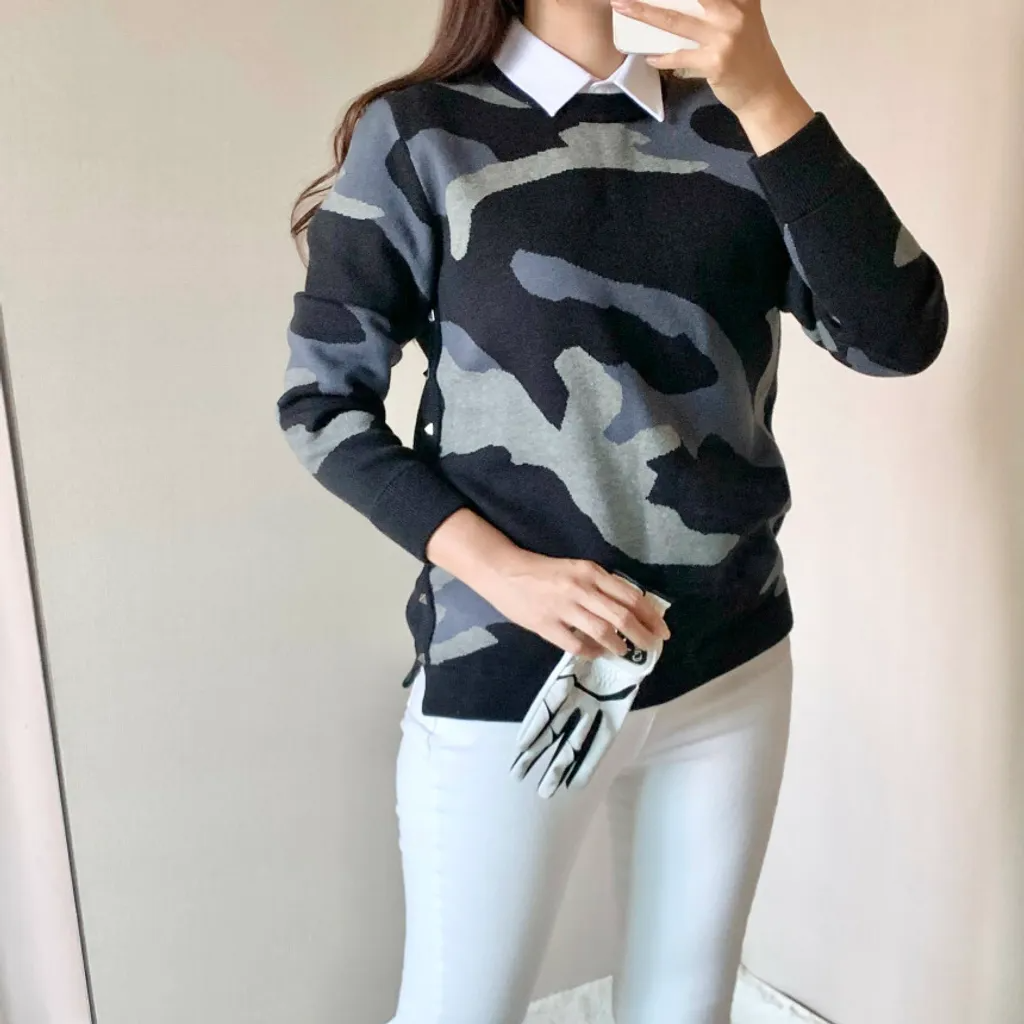 情侶裝 韓版高爾夫服針織迷彩情侶服 圓領迷彩長衫 新款出爐