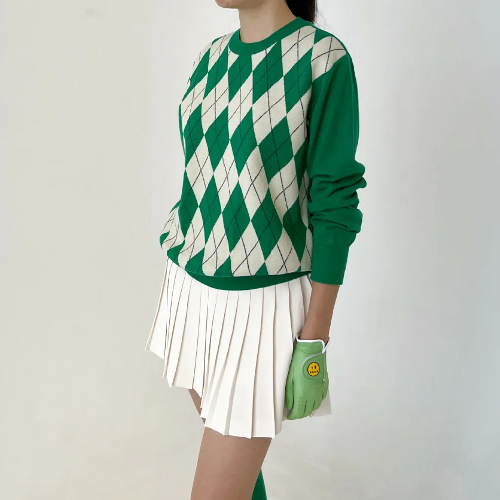 女士 韓版高爾夫球裝 高爾夫學院風格 秋冬針織羊毛毛衣 菱格紋長袖毛衣 韓國設計師品牌