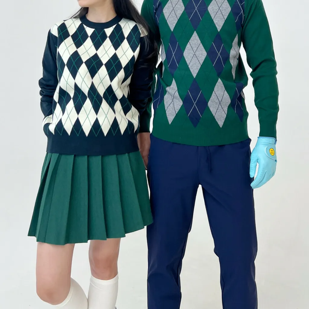 女士 韓版高爾夫球裝 高爾夫學院風格 秋冬針織羊毛毛衣 菱格紋長袖毛衣 韓國設計師品牌