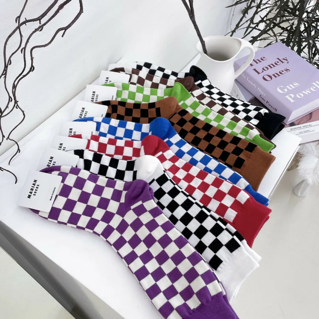 女【現貨】女式 高爾夫襪五子棋盤式花紋點時尚中長襪 短襪 運動襪(韓國五顆星評價)