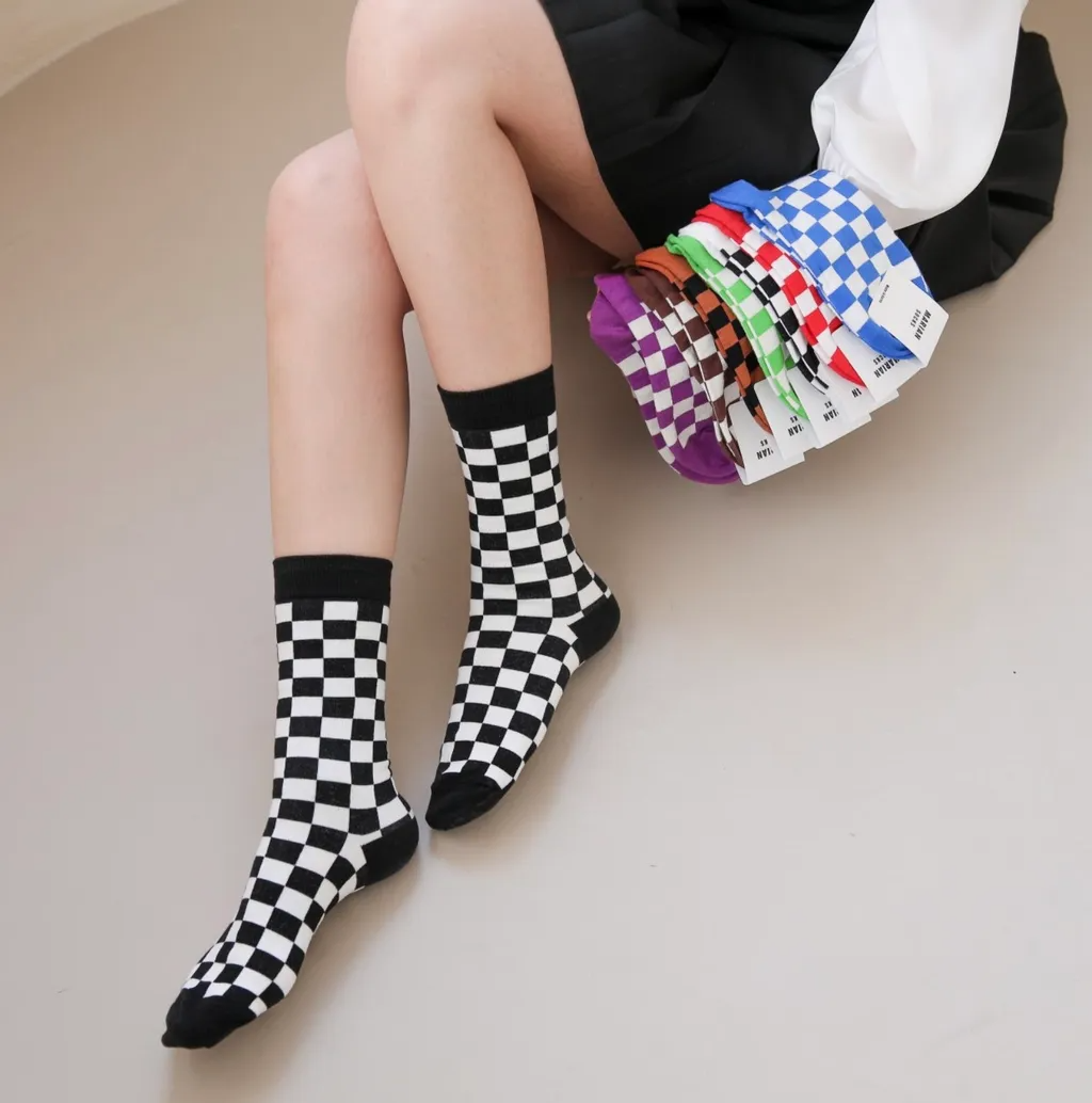 女【現貨】女式 高爾夫襪五子棋盤式花紋點時尚中長襪 短襪 運動襪(韓國五顆星評價)