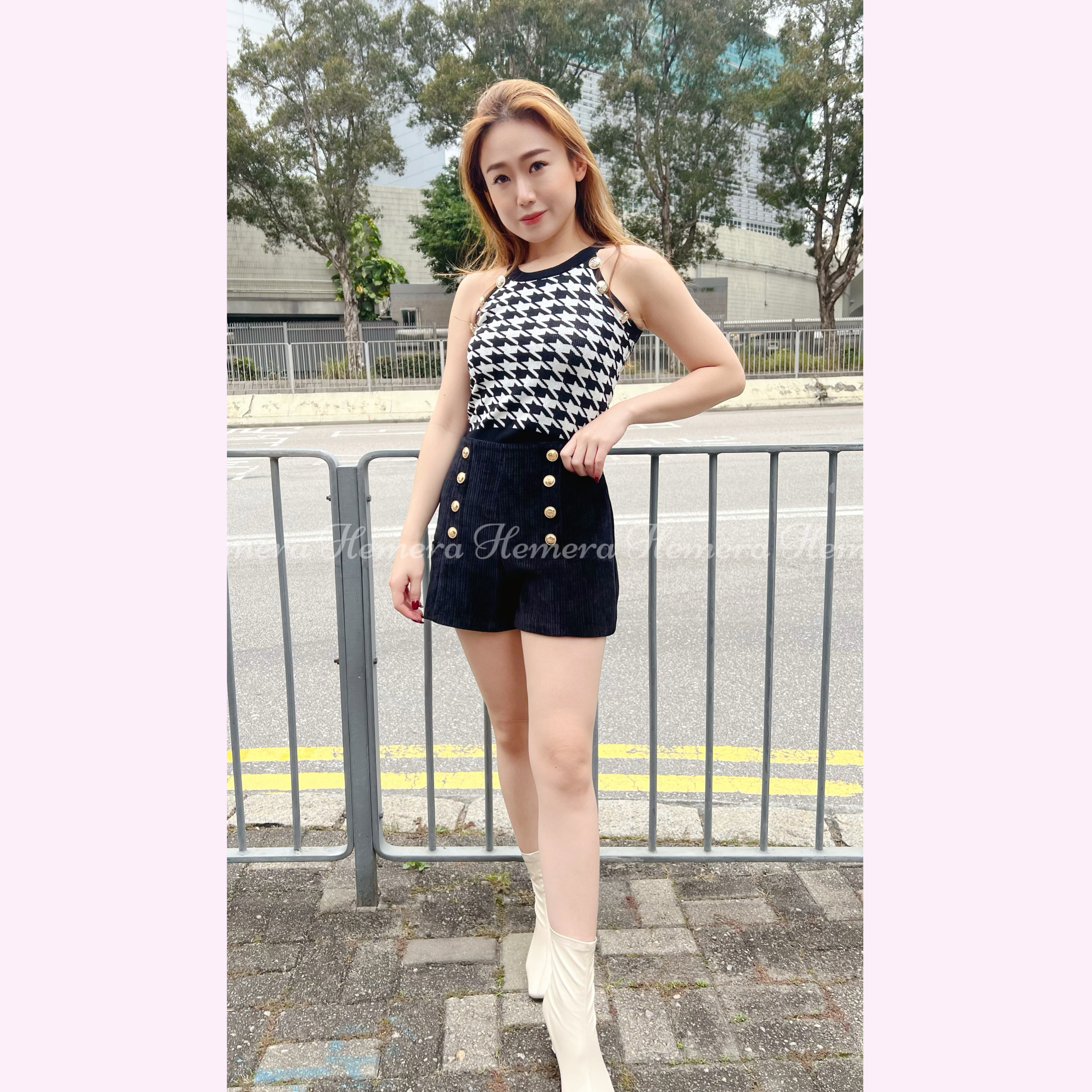 TP23W0226 千鳥格掛頸金鈕上身