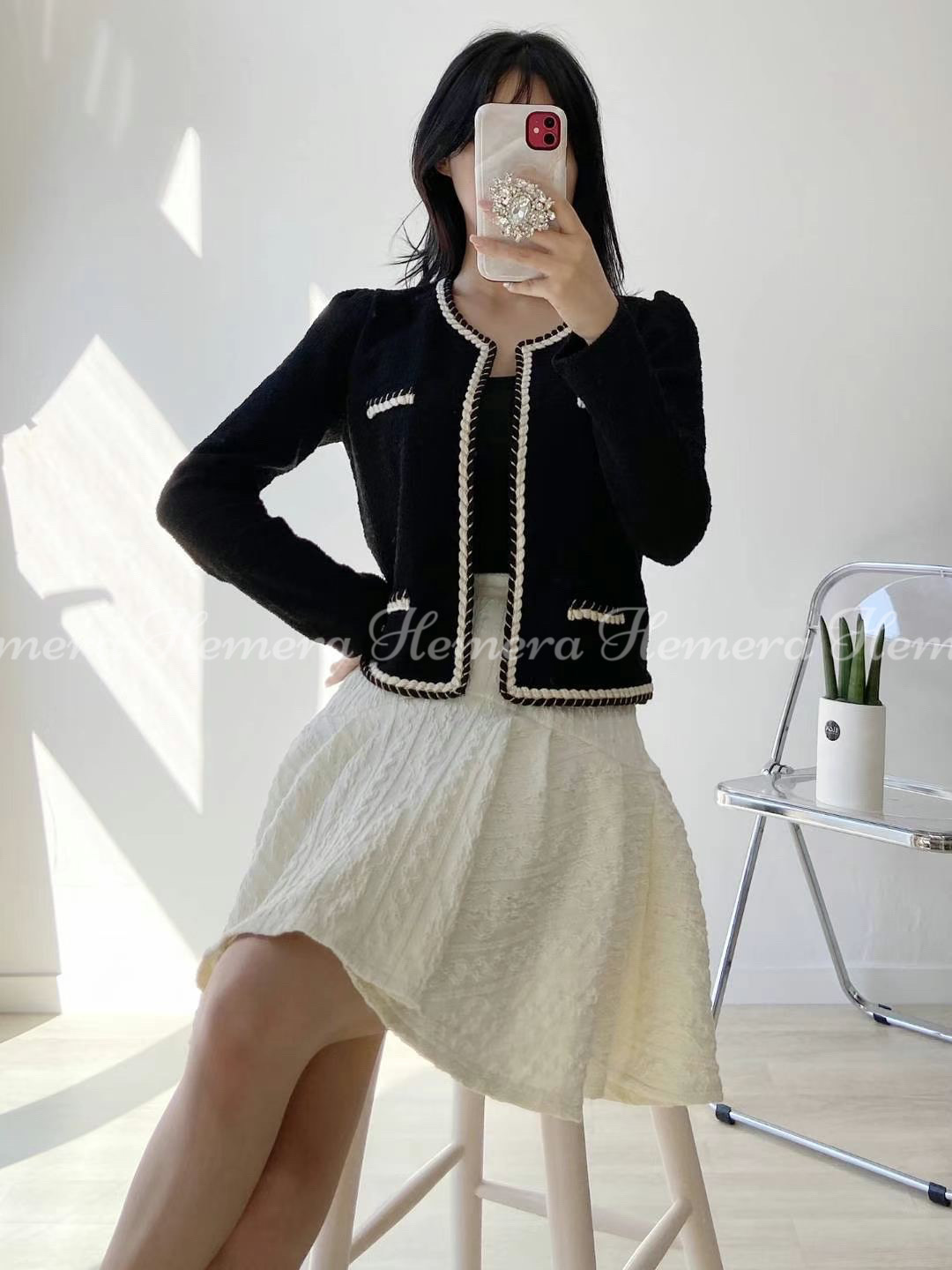 JK23W0237 小香薄身外套扭紋花圍邊