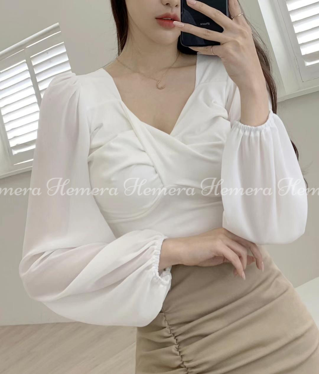 TP23W0231 雪紡SEE THROUGH手袖心形領交叉扭結上身