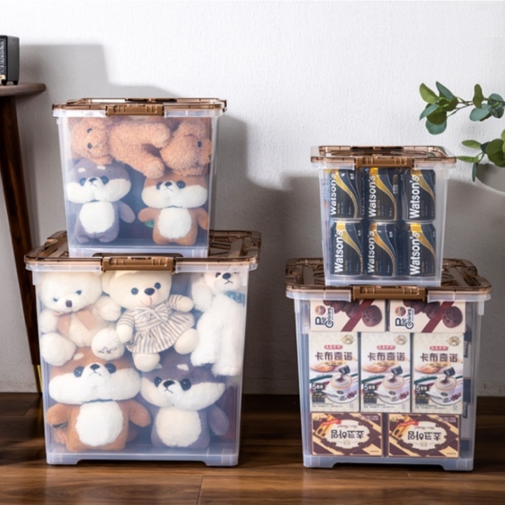 【AOTTO】加厚日式透明方形帶輪整理收納箱-3入組(收納箱 整理箱 玩具箱)(AL-008)