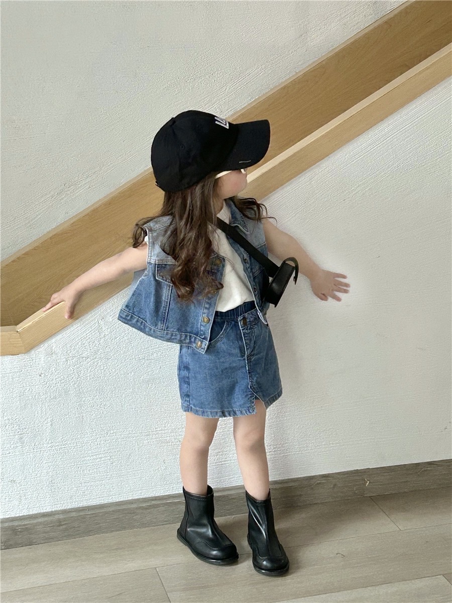 韓系拼色牛仔背心/百搭開衩牛仔褲裙