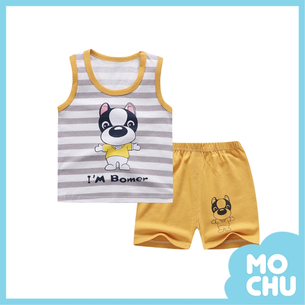 灰條大頭狗背心套裝