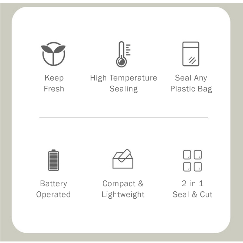 The feature of Modseal : keep food fresh, seal any plastic bag with high temperature, 2 in 1 seal and cutting function