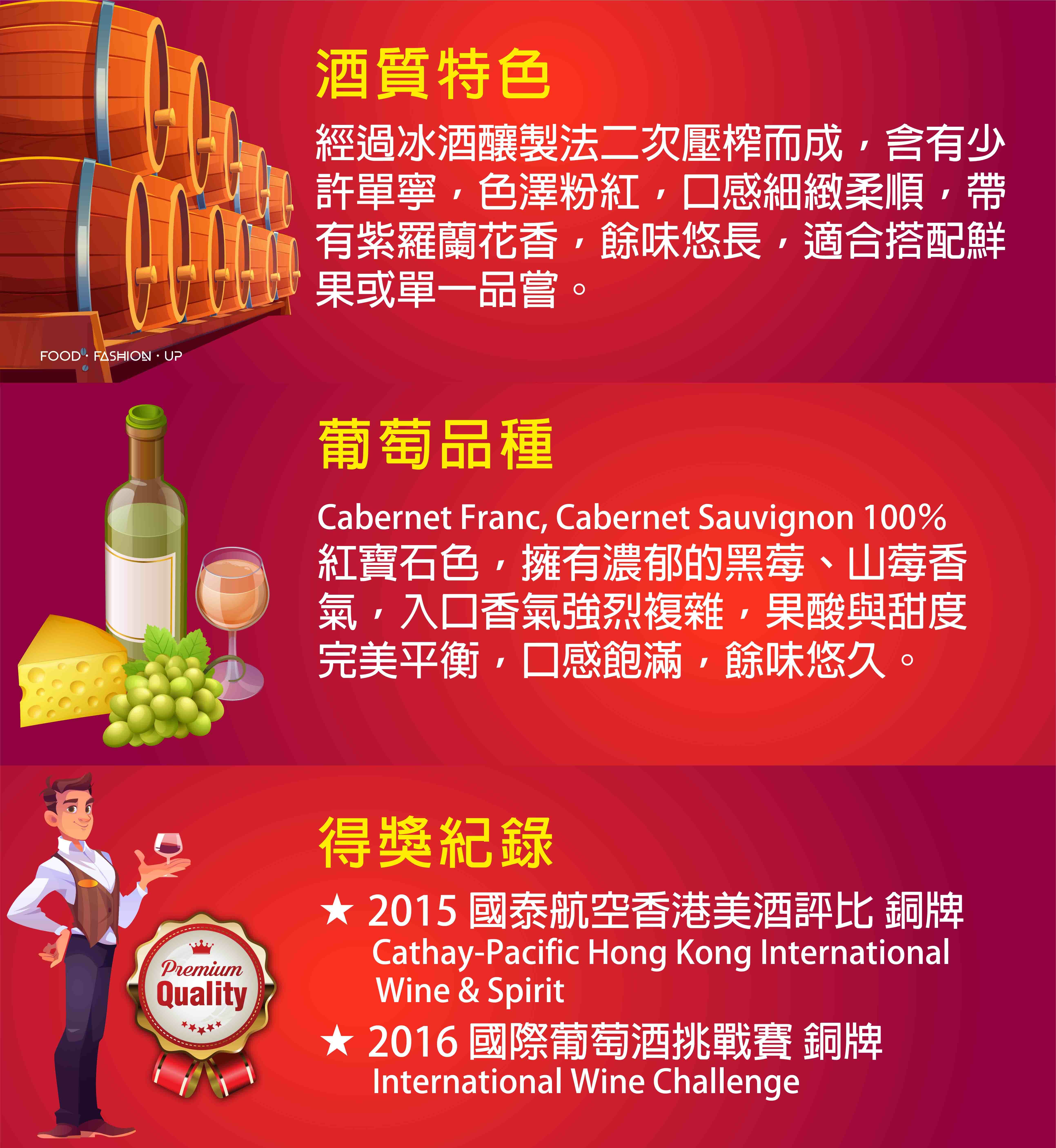 詩樽卡本內紅冰霜酒 (Strewn Cabernet Select Late Harvest) _趕食髦 加拿大冰霜酒 紅冰霜酒 冰霜酒是使用釀造冰酒的葡萄，稍微解凍之後進行二次壓榨。些許單寧，有紫羅蘭花香及紅色水果的香氣，口感細緻，餘韻悠長
