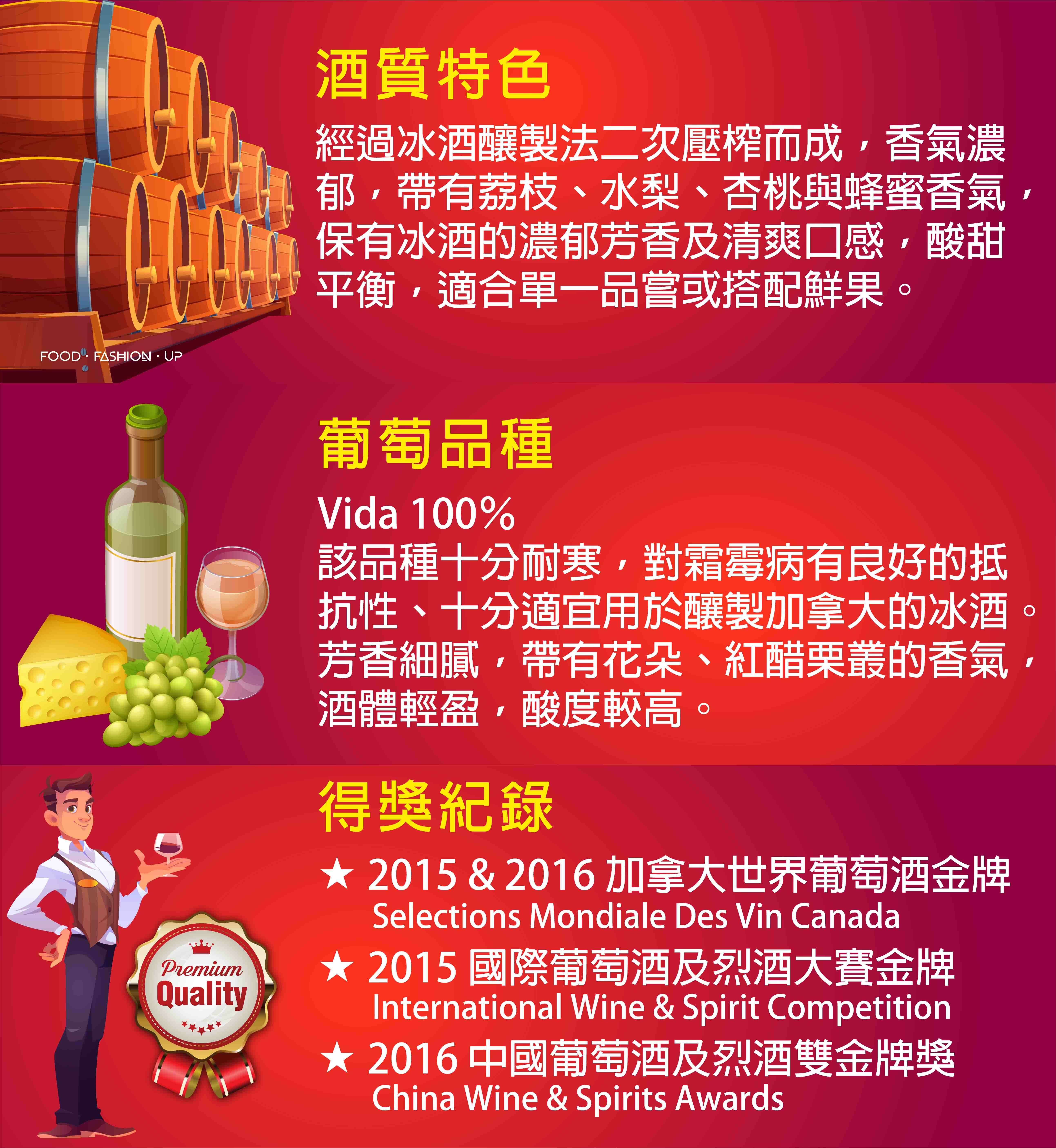 詩樽維岱爾白冰霜酒 (Strewn Vidal Select Late Harvest) _趕食髦 加拿大冰霜酒 冰霜酒是使用釀造冰酒的葡萄，稍微解凍之後進行二次壓榨。帶有荔枝、水梨、杏桃與蜂蜜等甜熟的香氣，保有清爽口感的同時，也有著冰酒甜美的氣息