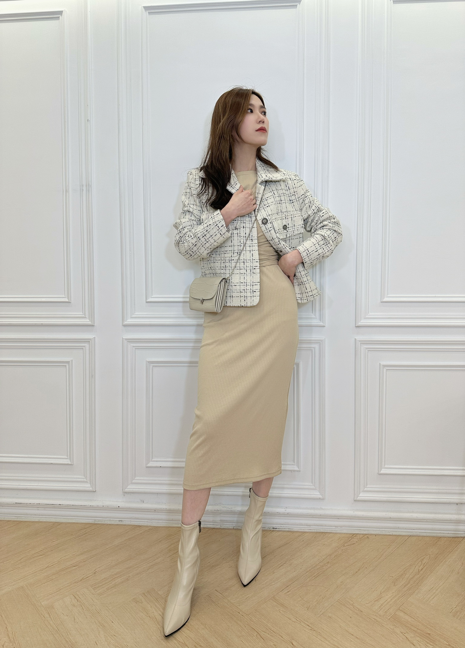 腰間綁帶淺黃長洋