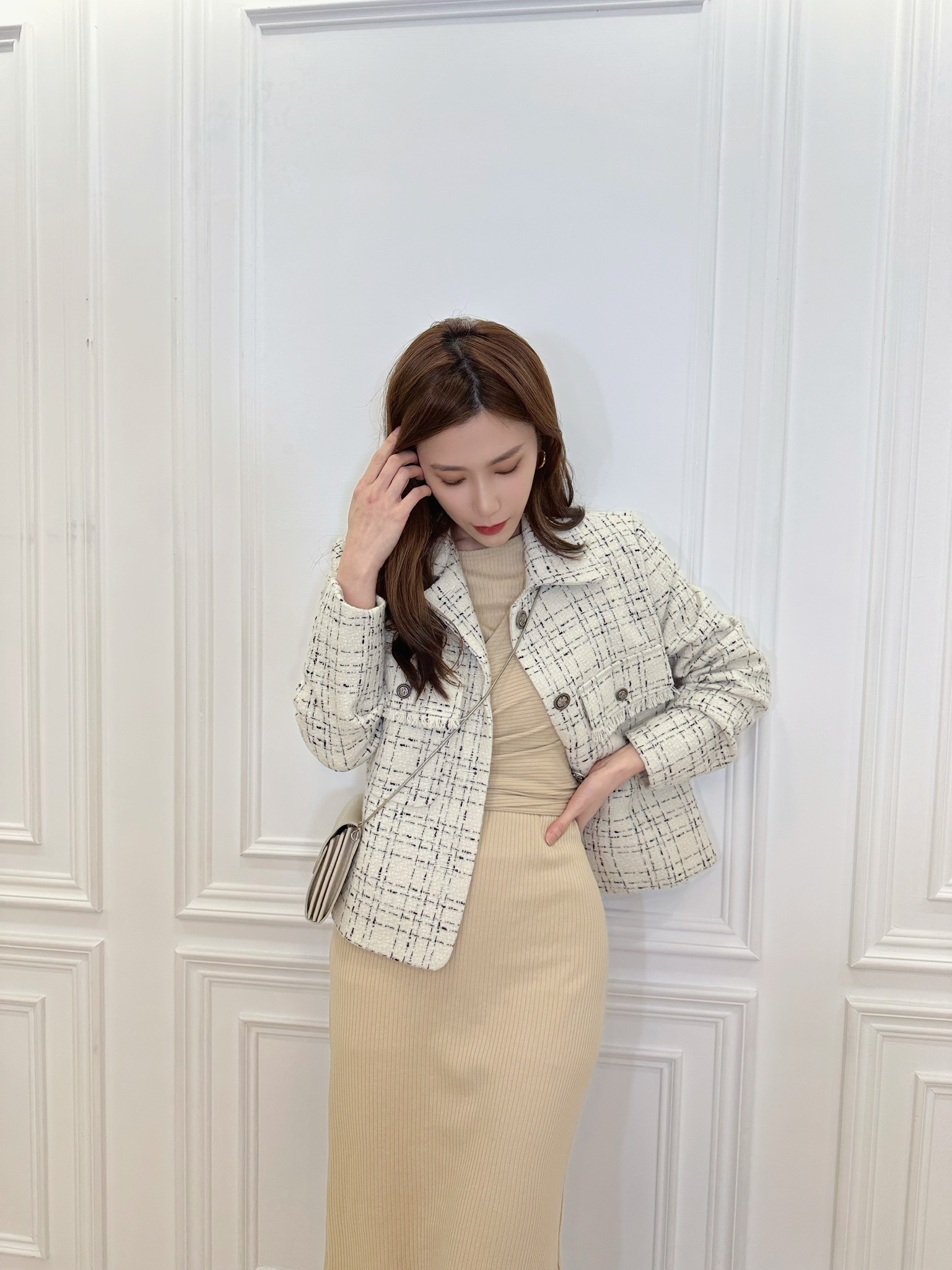 腰間綁帶淺黃長洋