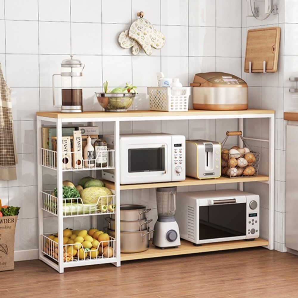 【AOTTO】多功能帶籃三層廚房置物架(電器架 餐櫥架 餐櫥櫃 邊桌)(FT-018)