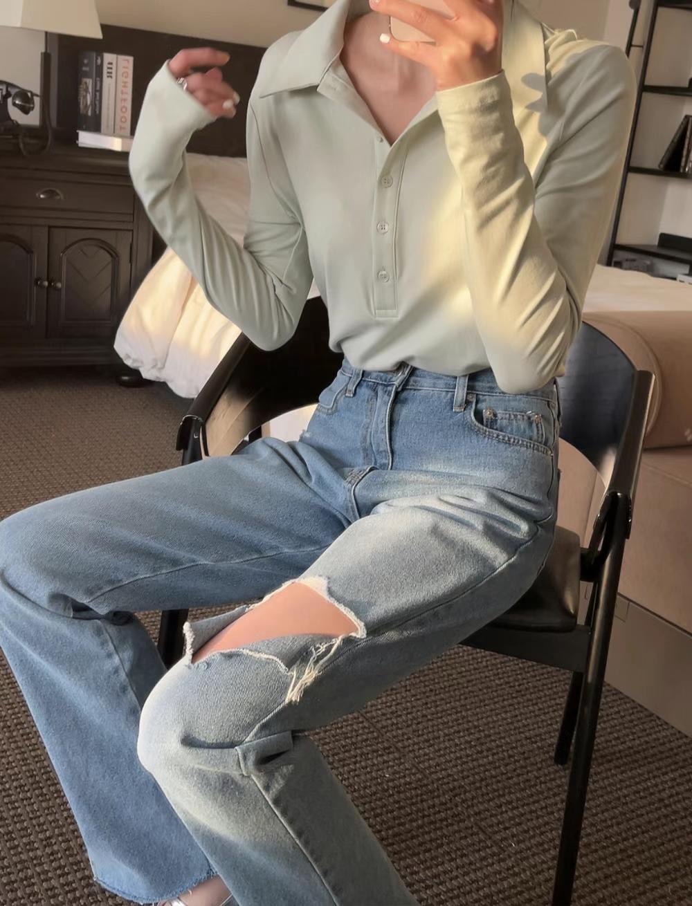 破洞直腳牛仔褲