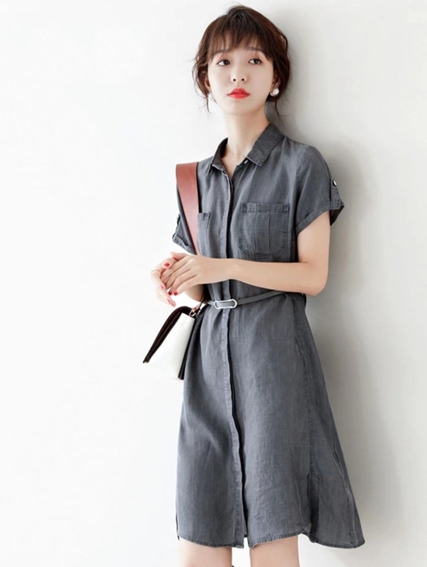 排釦褶袖牛仔洋裝 兩色