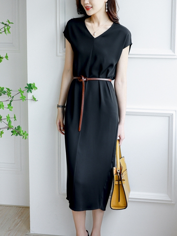 後蕾絲拼接雪紡洋裝 黑色