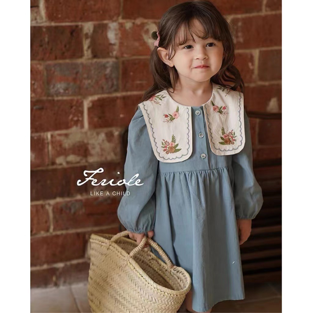 現貨 120cm 繡花大翻領縮口袖洋裝 90-140cm