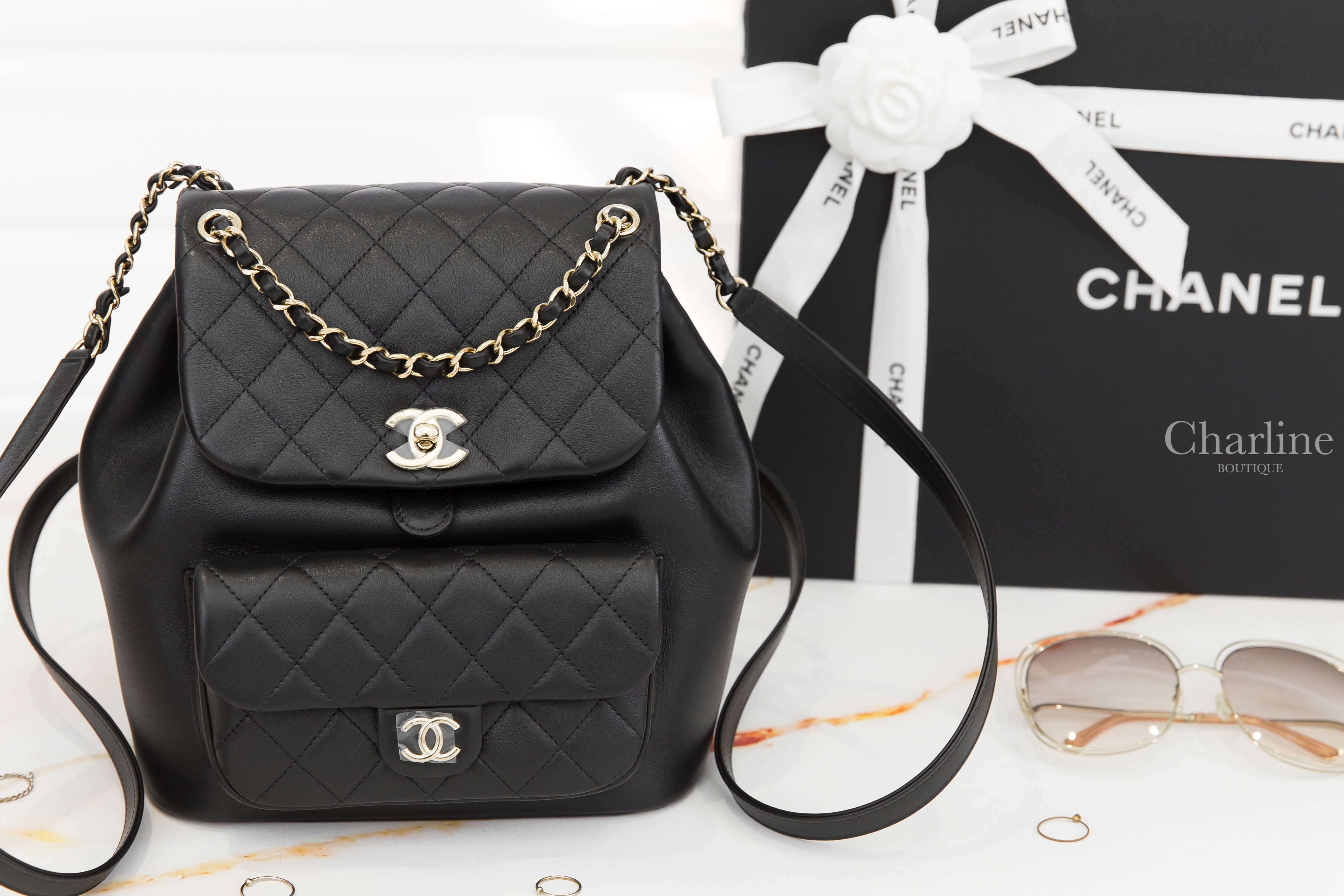 Chanel Duma Backpack 黑色金CC金鍊小牛皮大型菱格紋手提後背包