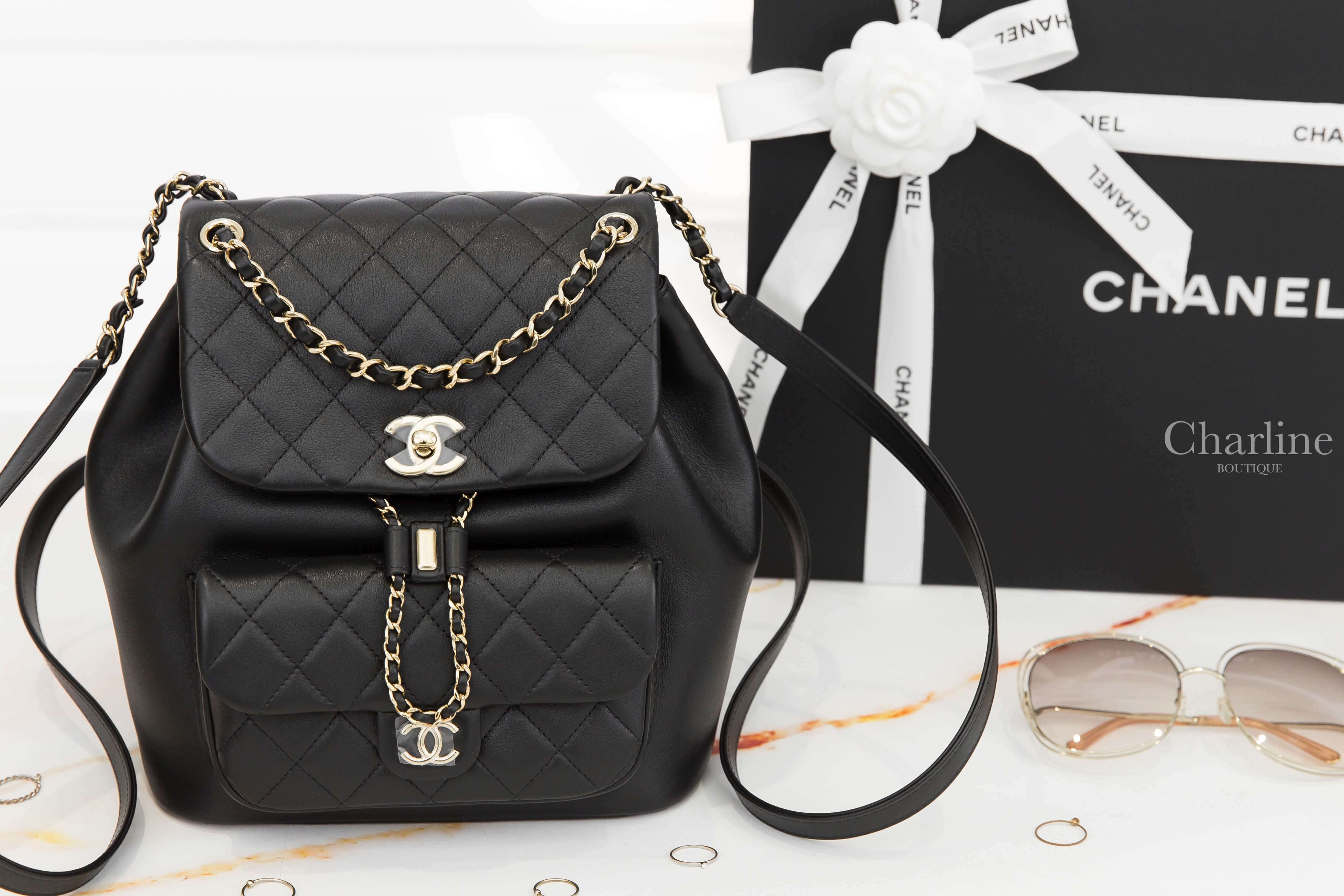 Chanel Backpack 黑色金CC金鍊牛皮大型菱格紋手提後背包-Charline Boutique 精品代購