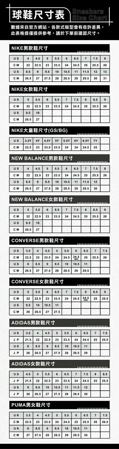 無名商店 NIKE、CONVERSE、NB、PUMA、ADIDAS 球鞋尺寸表