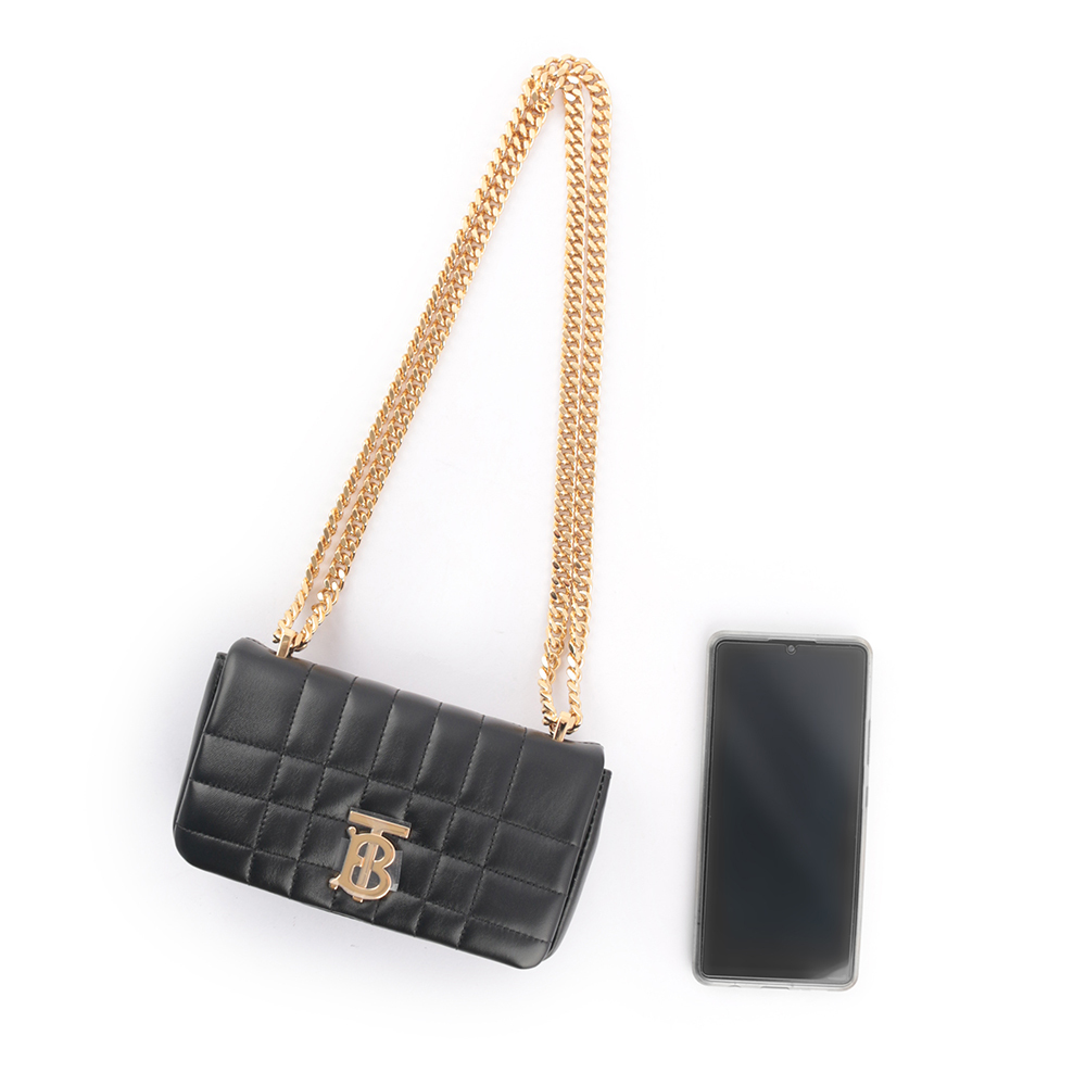 【BURBERRY】Lola 小羊皮縫線設計迷你翻蓋鍊包(黑色)