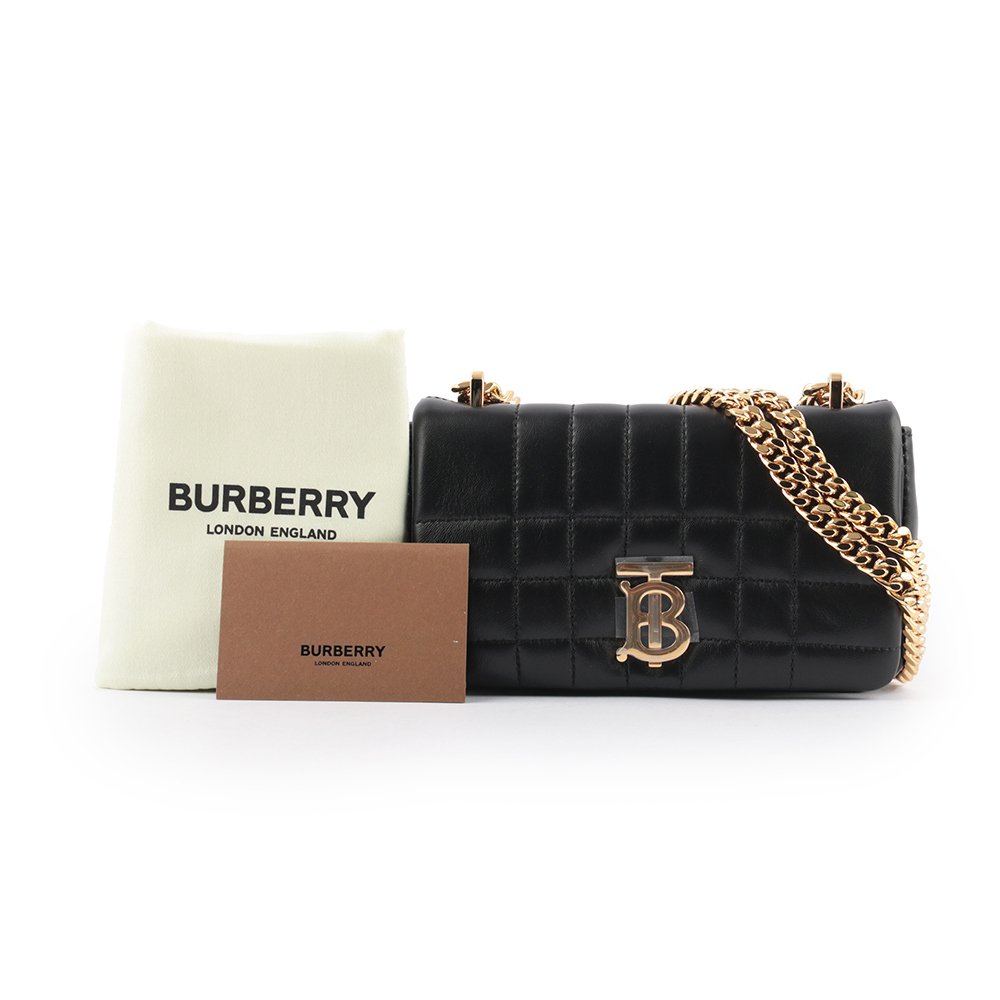 【BURBERRY】Lola 小羊皮縫線設計迷你翻蓋鍊包(黑色)