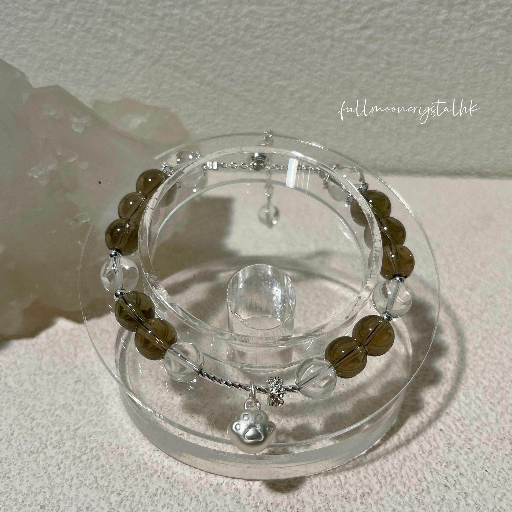 茶晶&白水晶&貓爪銀飾手鏈