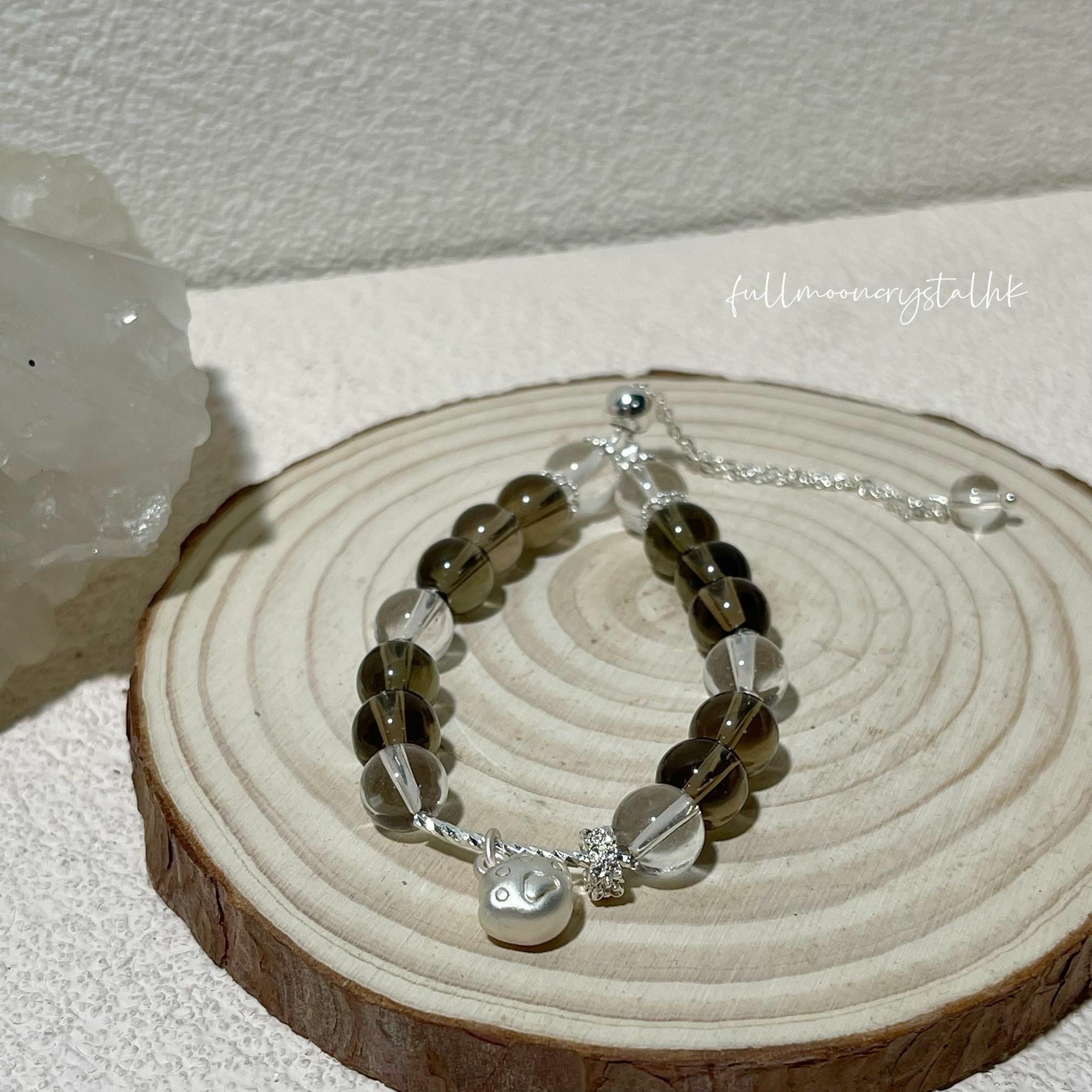 茶晶&白水晶&貓爪銀飾手鏈