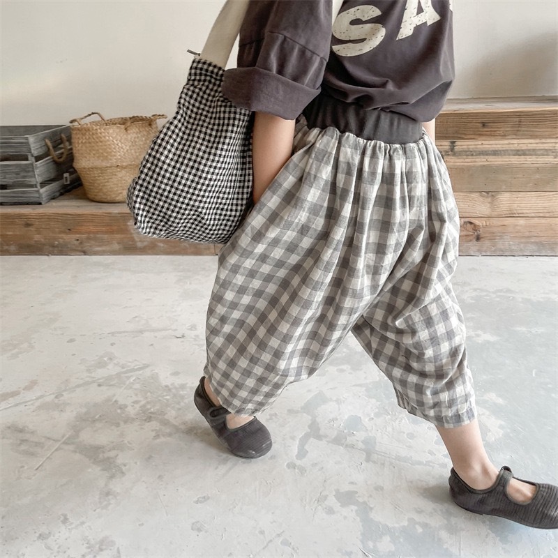 夏季鬆緊格紋七分防蚊褲