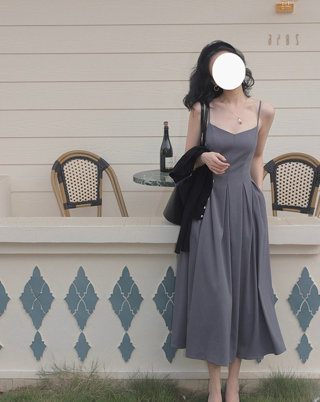 壓摺收腰 寬裙襬洋裝(灰/白)