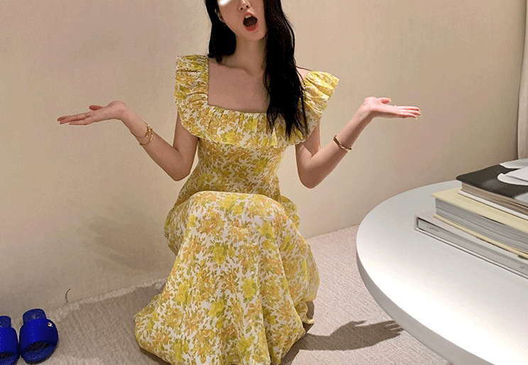 氣質碎花方領長洋裝