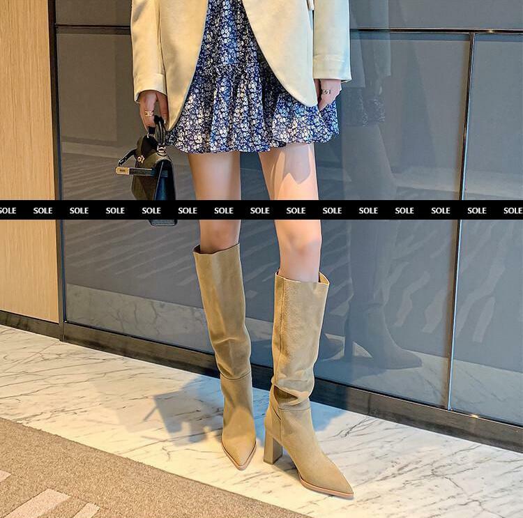 寬筒挺版粗跟長靴(35-39)(黑/杏)