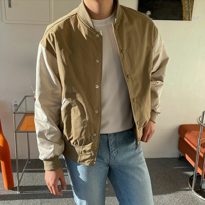 江南拼色棒球外套 / 米黃 / 不提供退換貨