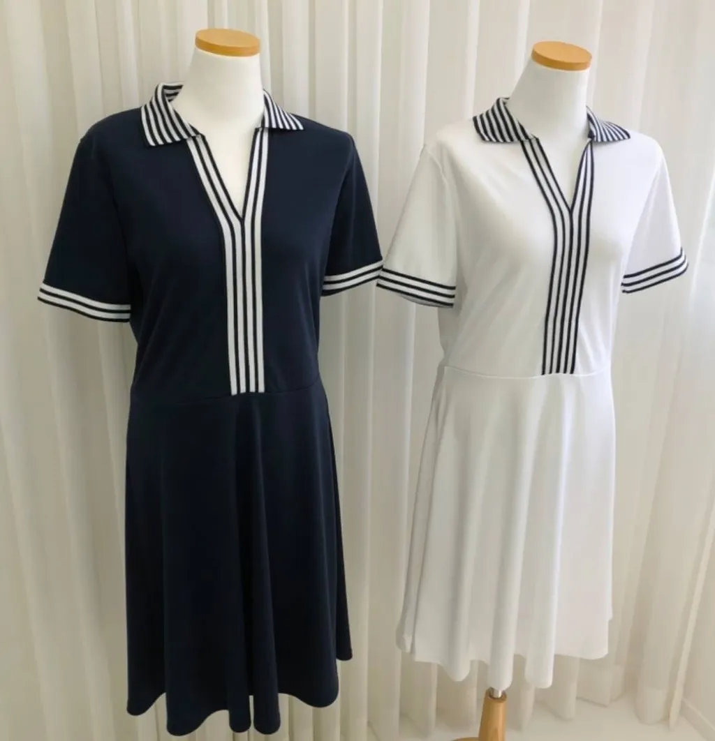 女款 M8 韓流高爾夫名媛淑女休閒洋裝/韓風Ｖ領線條POLO連身洋裝裙/學院風休閒洋裝/餐會洋裝/球隊洋裝/韓國熱銷款高球洋裝