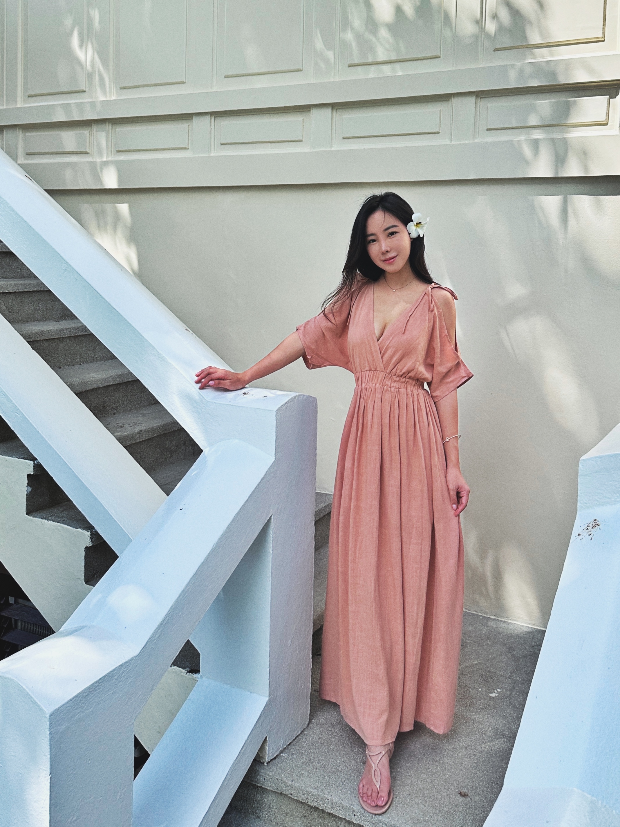 Roman 羅馬假期 棉麻綁帶露肩長洋裝