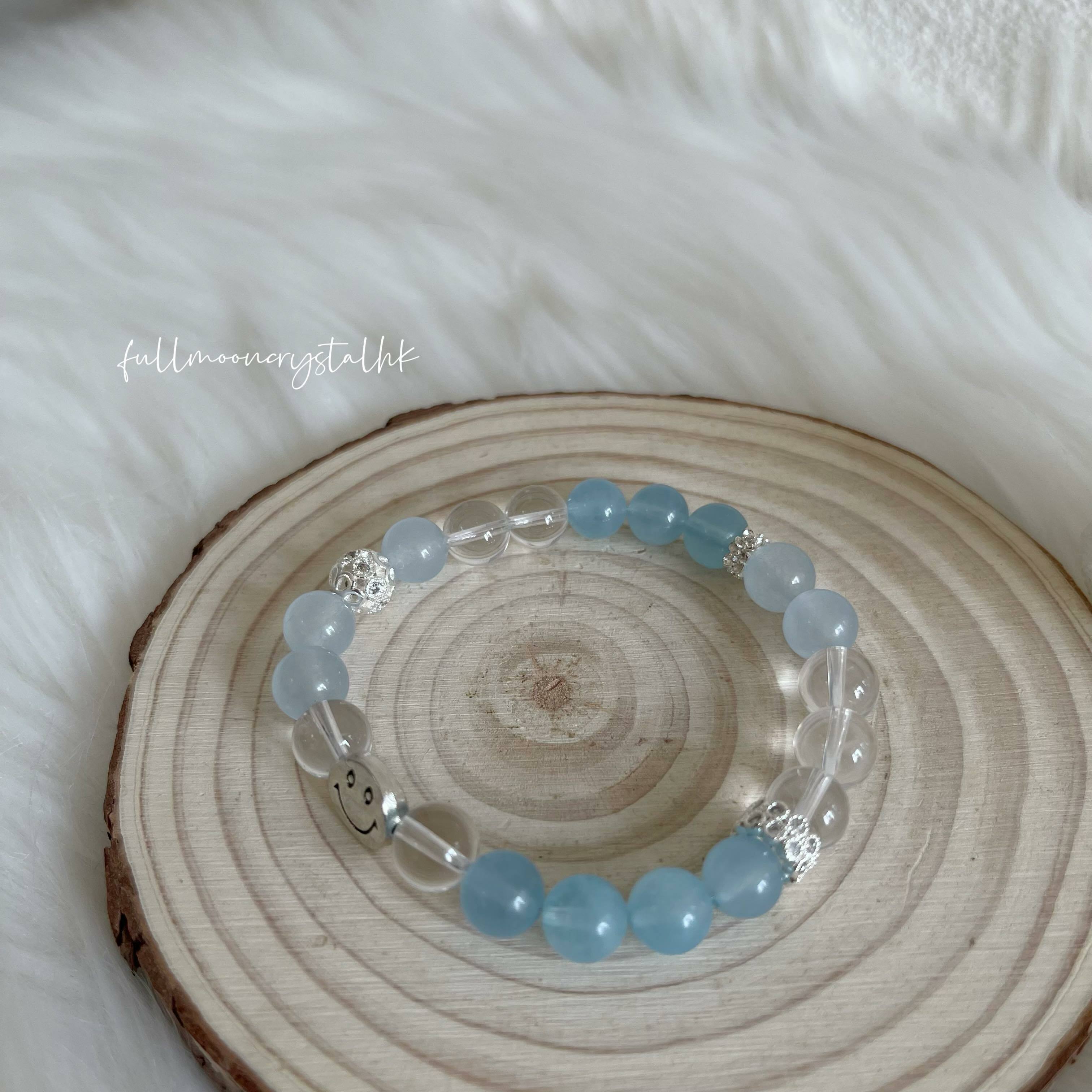 白水晶&海藍寶&笑臉銀飾手串