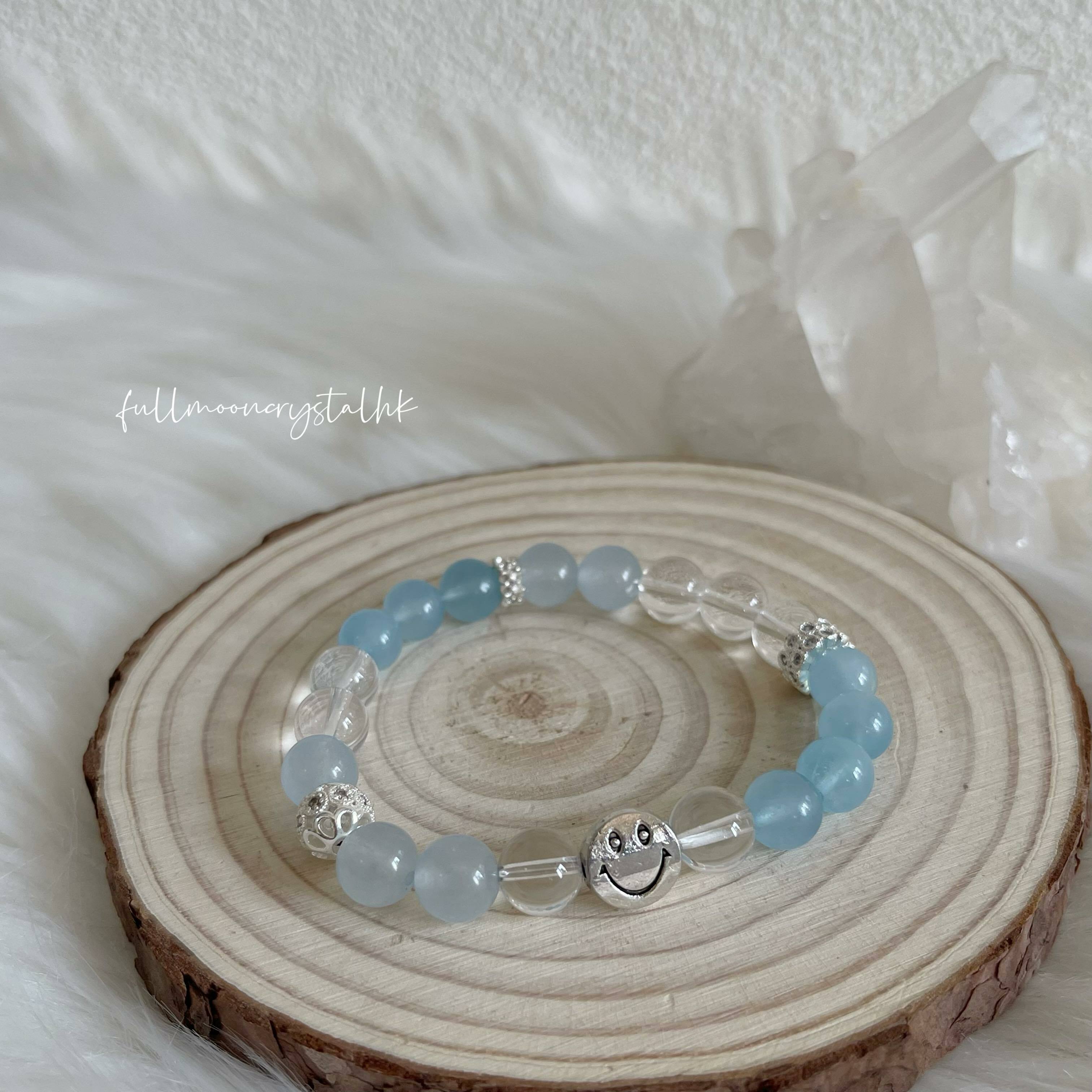 白水晶&海藍寶&笑臉銀飾手串
