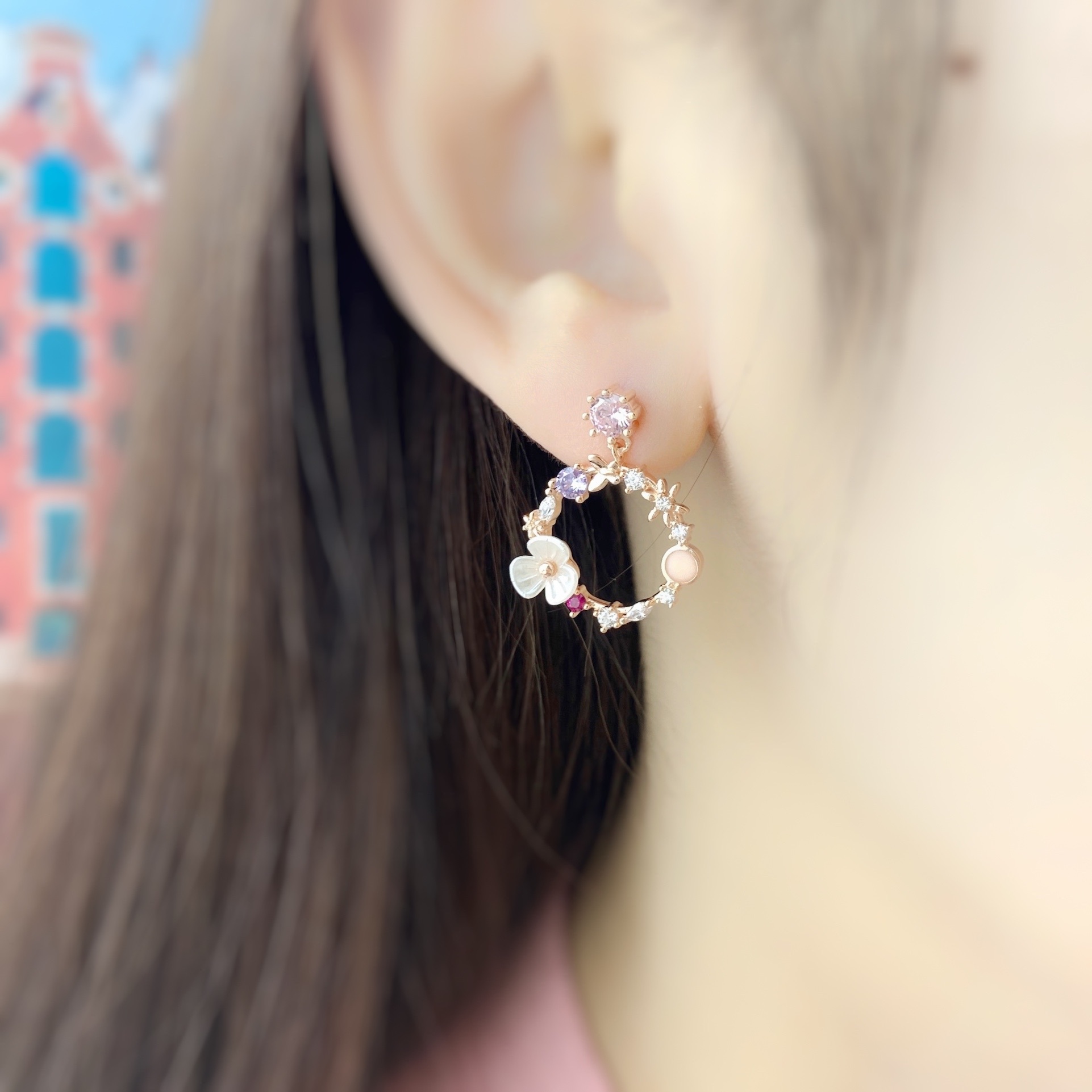 | 999足銀・白金・ 玫瑰金 | 繚繞花環耳環 (銀/玫瑰金) | EA0629 |