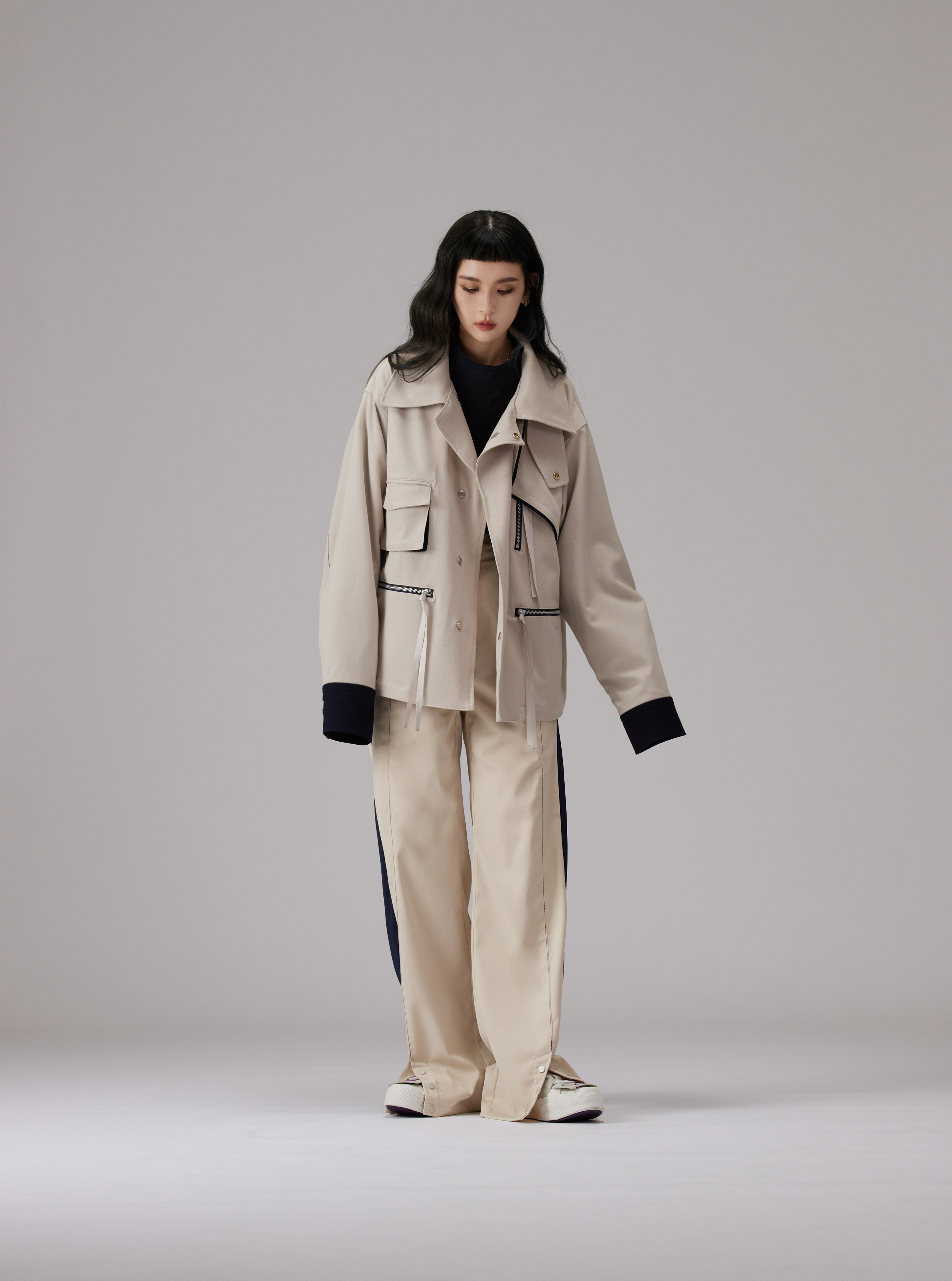 Contrast-panel Wide-leg Trousers | Beige