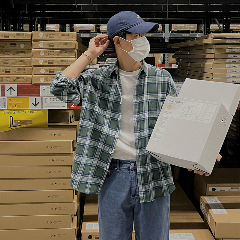 清新格紋長袖襯衫 / 綠 / 不提供退換貨