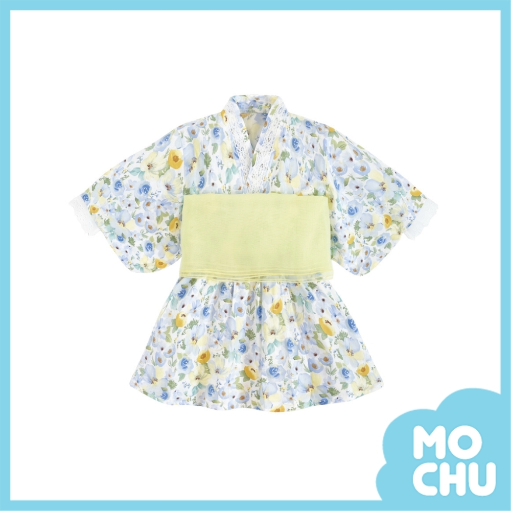 藍黃玫瑰黃綁帶浴衣