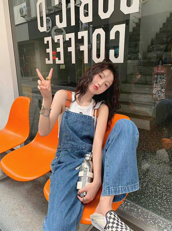 撞色吊帶 寬管牛仔吊帶褲