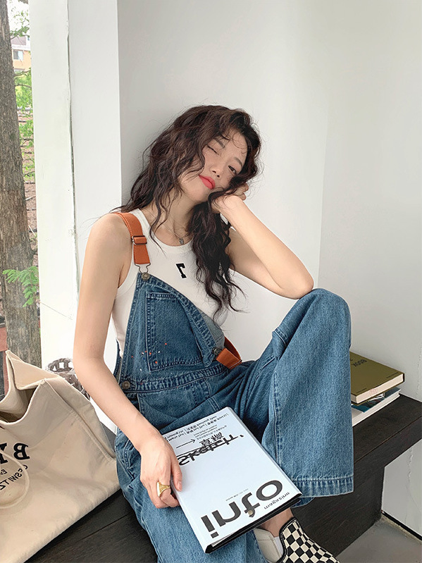 撞色吊帶 寬管牛仔吊帶褲