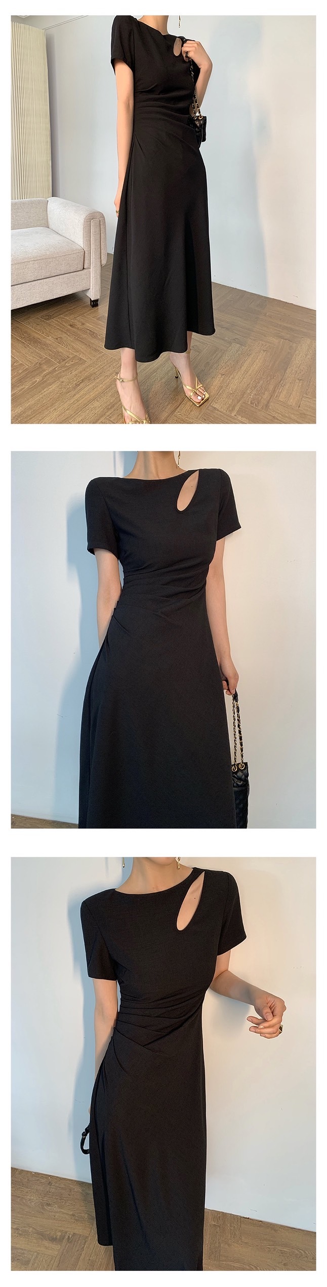 水滴簍空 收腰短袖洋裝(黃/紅/綠/黑/藍)